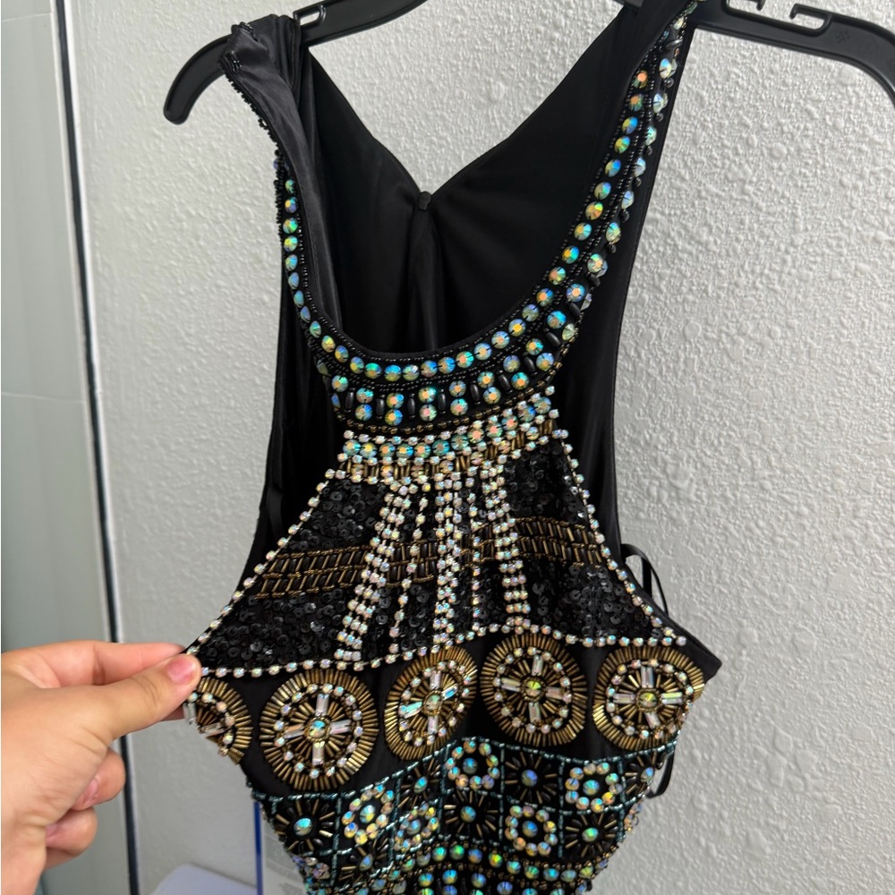 Macy's Black Halter Top with Iridescent Multi-Bead Embellishment